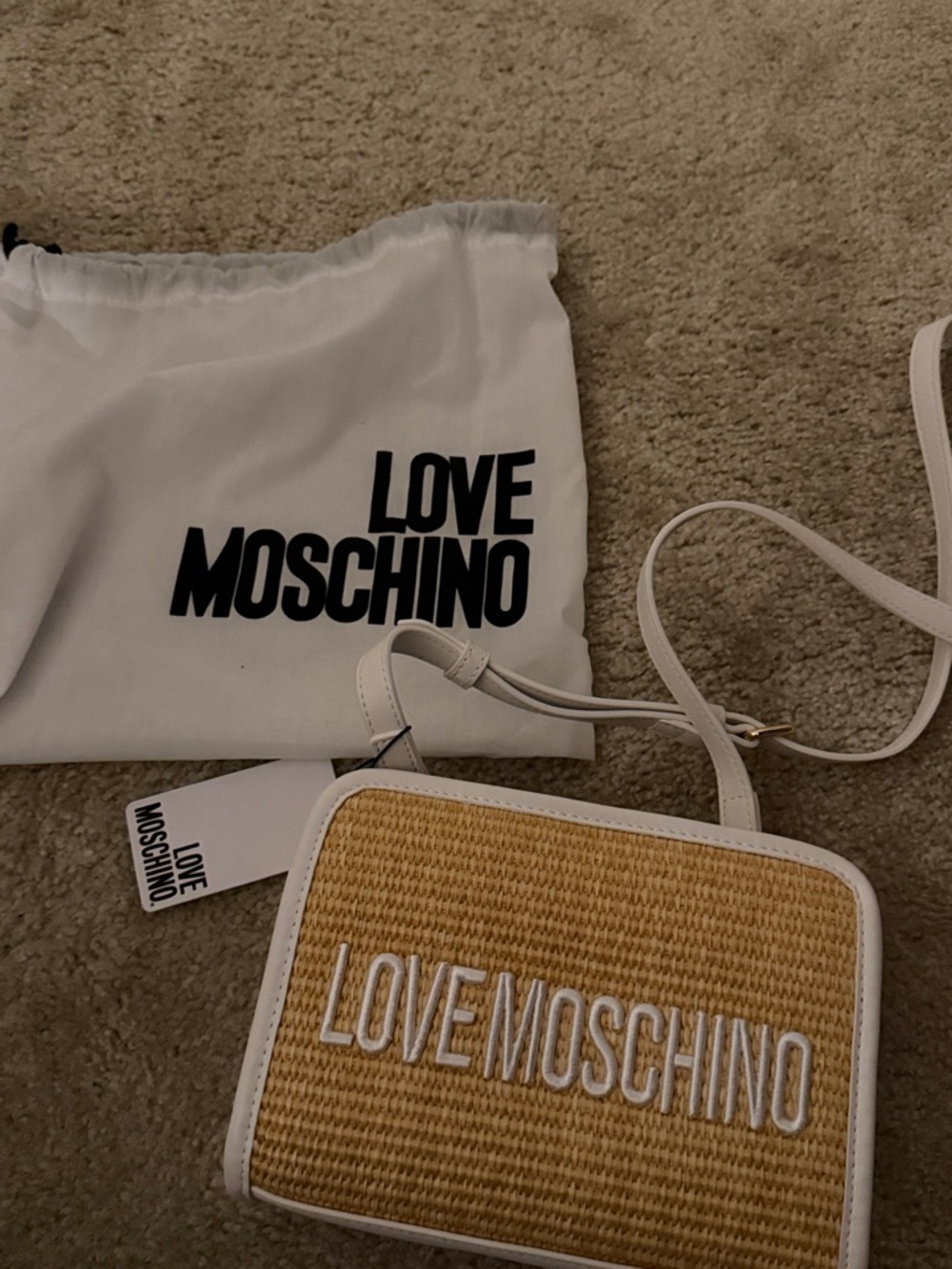 Love Moschino Beige and White Logo Accent Crossbody